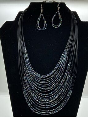 Multi-Strand Iridescent Black Beaded Necklace & Earrings Set